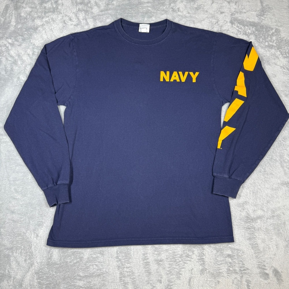 Vintage Soffe Navy Long Sleeve Shirt Large Blue Yellow Sleeve Print